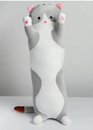 Мягкая игрушка подушка обнимашка кот батон 90 см, мягкая плюшевая игрушка кот, цвет серый1 фото