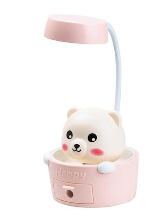 Детская настольная лампа светильник с точилкой для карандашей "медвежонок" розовая