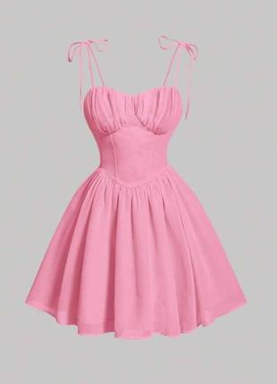 Женское нежное элегантное мини розовое платье без рукавов на завязках приталенное стильное качествен