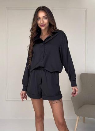Женский качественный черный шелковый костюм рубашка и шорты в пижамном стиле