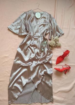Платье нарядное вечернее атласное сатиновое шелковое миди р 14 16 l xl 40 42 длинная имитация на запах новая