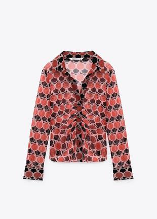 Красная прозрачная блуза рубашка в принт сетка в стиле 90-х y2k
