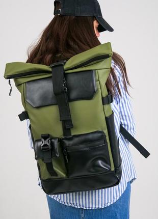 Женский рюкзак rolltop для ноутбука, роллтоп из экокожи цвет хаки4 фото