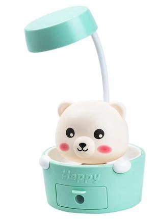 Детская настольная лампа светильник с точилкой для карандашей "медвежонок" зеленая