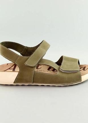 Женские удобные летние сандалии-босоножки хаки с липучками, кожа нубук,комфортная женская обувь на лето