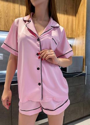 Жіноча піжама шорти та сорочка з коротким рукавом ☺️ легка піжама на літо 💕 піжама шовк8 фото