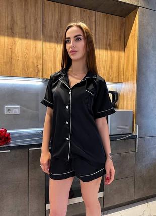Жіноча піжама шорти та сорочка з коротким рукавом ☺️ легка піжама на літо 💕 чорна піжама шовк