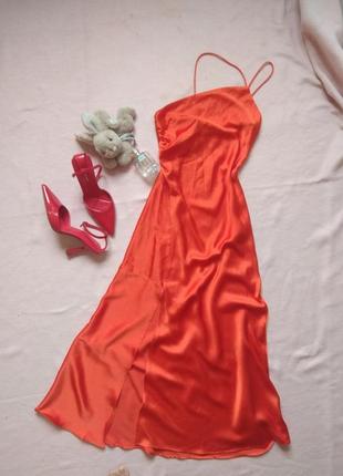 Платье вечернее сатиновое атласное шелковое р 34 36 xs s 42 44 zara меди с разрезом на ножке открытый спи