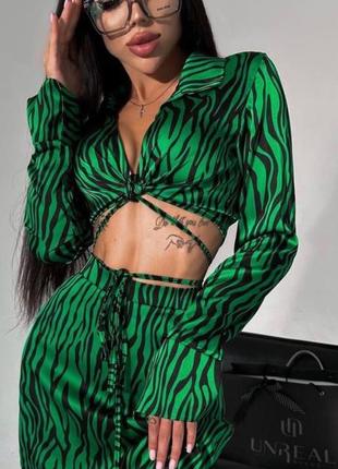 Костюм укороченная рубашка с длинными рукавами топ юбка мини облегающая короткая на высокой посадке комплект принт зебра черный бежевый зеленый