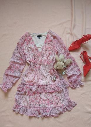 Платье розовое в цветочный принт шифоновый р 36 38 40 s m l 44 46 48 shein в цветочек пышное с рукавом
