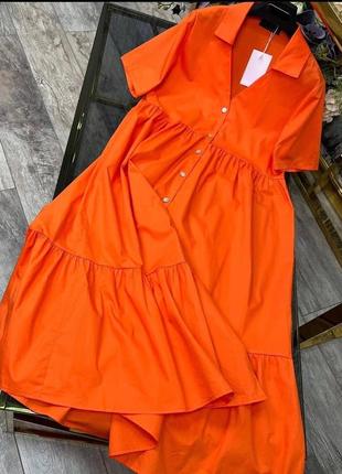 Платье миди свободного кроя с короткими рукавами платья на пуговицах юбка с воланами стильная, базовая черная розовая зеленая оранжевая желтая