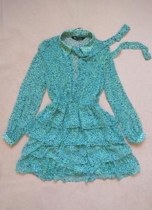 Платье голубое шифоновое пышное р 36 s 44 38 м 46 zara новенькое с рукавом короткое