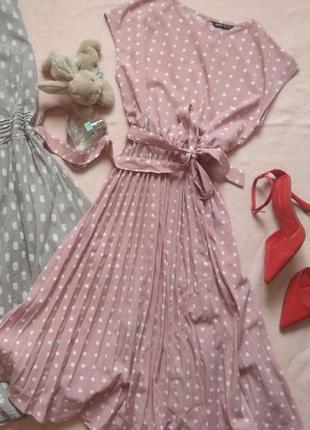 Платье розовое в горошек р 36 s 44 shein новая плиссе длина меди