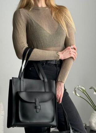 Надзвичайно стильна велика зручна сумка шопер, чорна сумочка з довгим ремінцем