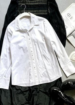 Белая статусная базовая рубашка блуза люкс бренда gerry weber хлопок 42 размер с вышивкой мережка премиум класса