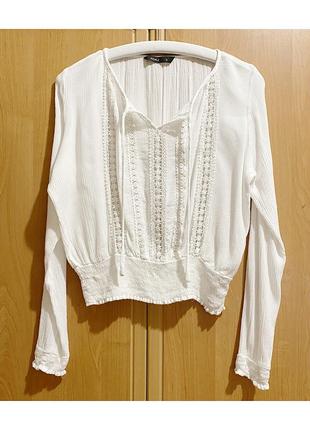 L натуральна віскоза біла літня блузка коротка тонка блуза довгий рукав мережка