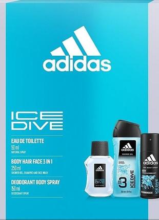 Подарочный набор мужской adidas ice dive (туалетная вода 50 мл + гель для душа 250 мл + дезодорант 150 мл)
