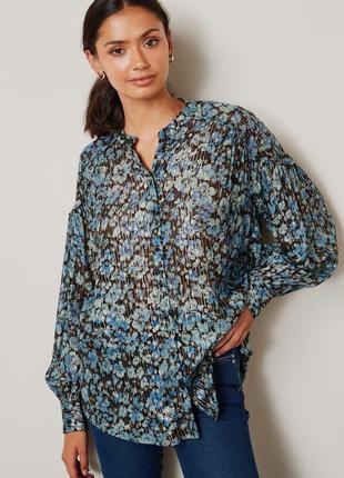 Фантастична довга блуза next з люрексом, обмежена серія, блакитна, синя, квітковий принт, з блискітками