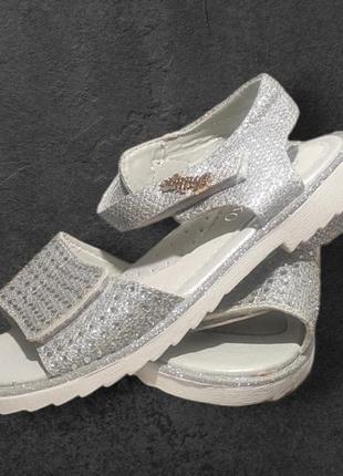 Босоножки сандалии для девочки на липучках, стразы блестящие серебро