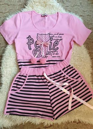 Нова красива рожева пiжама у смужку nicoletta футболка шорти костюм для дому i сну nicoletta