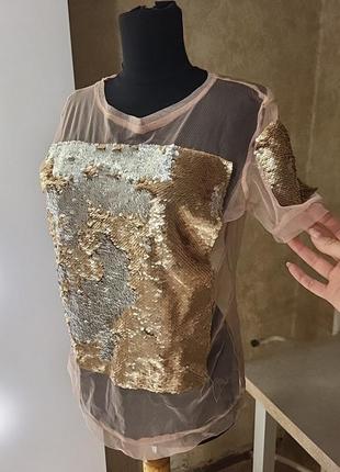 Блуза футболка сетка пайетки паетки блестящая прозрачная пудра золото серебро