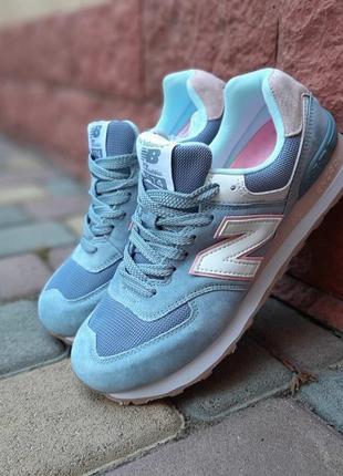 Женские кроссовки new balance 574 blue pink 1950 беланс голубого с розовым цветами