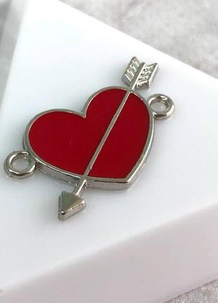 Коннектор металлический сердце с эмалью 16х25 мм, - красный в серебре