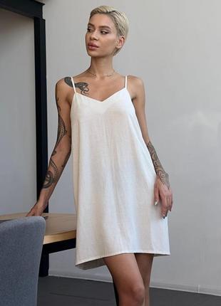 Жіноча нічна сорочка на тонкій бретелі (віскоза + льон) ночнушка роксана біла
