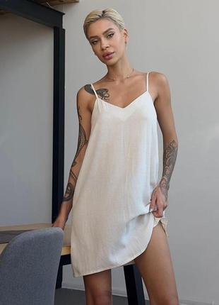 Жіноча нічна сорочка на тонкій бретелі (віскоза + льон) ночнушка роксана біла4 фото