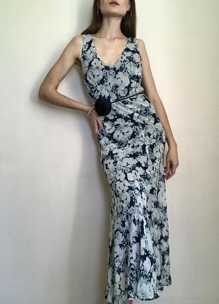100% шелк. легкое платье на лето в цветы синяя абстракция