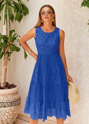 Синя сукня міді з прошви бавовни без рукавів