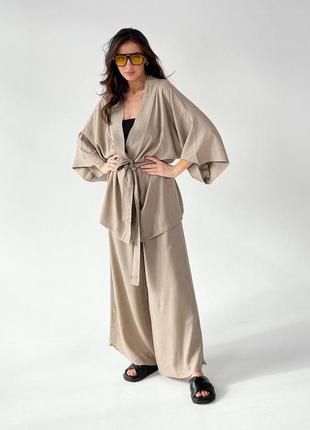Льняной костюм кимоно под пояс на запах и широкие брюки штаны