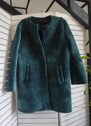 Пальто женское манто зеленое изумрудное велюровое 48 l