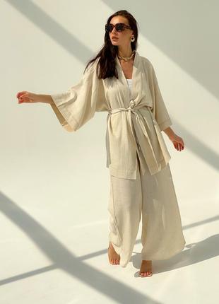 Льняной костюм кимоно под пояс на запах и широкие штаны брюки