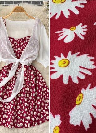 Сукня коротка бордова з квітковим принтом на брителях біда оверсайз блуза якісна стильна2 фото