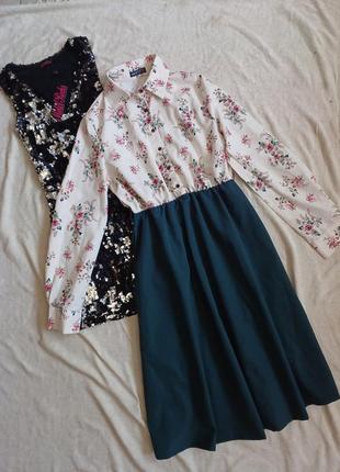 Платье рубашка с цветочным принтом в стиле винтаж ретро с юбкой миди пышной цветы цветочек на пуговицах