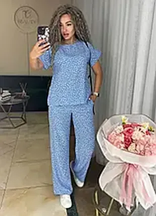 Легкий костюм из натуральной ткани (кофточка+брюки) мелкий принт разные расцветки3 фото