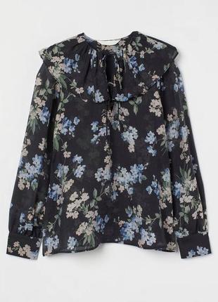 Цветочная блуза h&amp;m черная с рюшей легкая натуральная женская весенняя летняя в цветах