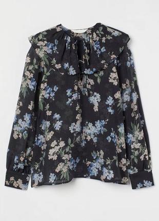 Цветочная блуза h&m черная с рюшей легкая натуральная женская весенняя летняя в цветах