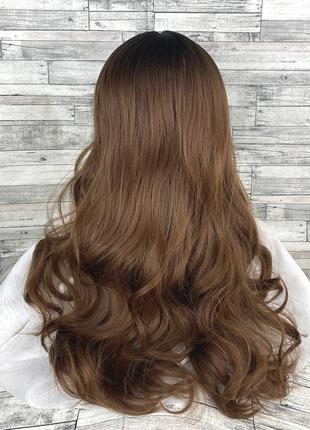 5414 парик темно-русый с темными корнями пробором и челкой 70см