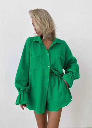 🌈5! шикарний жіночий костюм бавовна бавовняний муслін муслин зелений мусліновий сорочка шорти рубашка