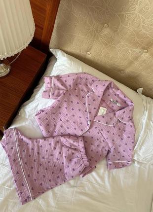 Фиолетовая в сердечки натуральная муслин пижама рубашка и шорты