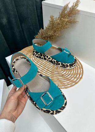 Бірюзові з леопардом босоніжки з натуральної шкіри та замші з ремінцями