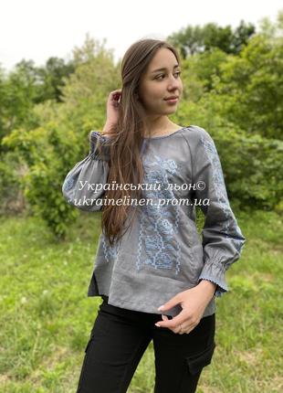 Блуза тереса темно-серая галерея льна, 40-52рр. вышиванка