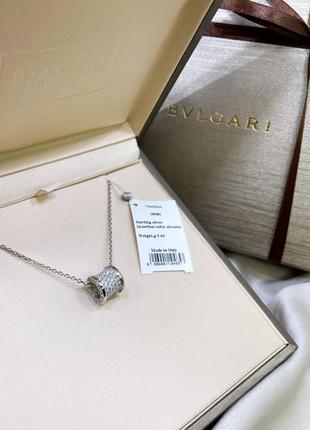 Серебряное ожерелье колье кулон подвеска цепь булгари bulgari бочонок с логотипом с камнями классика стильное тренд серебро проба 925 новое с биркой