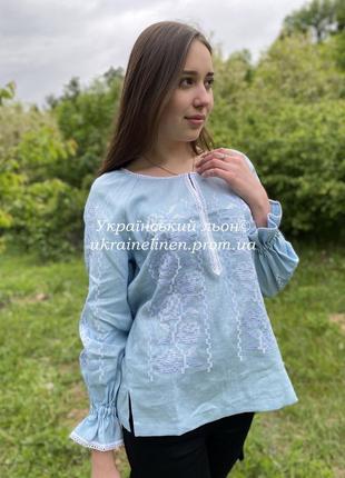 Блуза тереса голубая галерея льна, 40-52рр.вышиванка