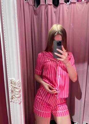 Розовая полоска атласная шелковая пижама рубашка и шорты s-l