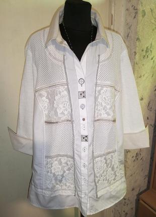 Чудесная,комбинированная,белая,бохо блузка:хлопок,кружева,трикотаж,большого размера,just white