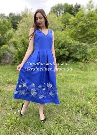 Платье цвета синяя галерея льна, льняное платье, 42-50рр.