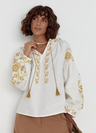 Стильная женская вышиванка, вышитая рубашка, белая с петушками, блуза с вышивкой с длинным объемным рукавом в украинском стиле, батал